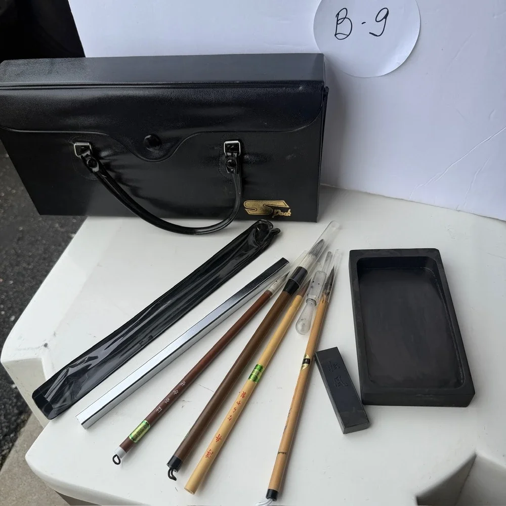 Vintage Calligraphy Set with Ink Stone, Ink Stick, 4 Brushes & Case - B-9